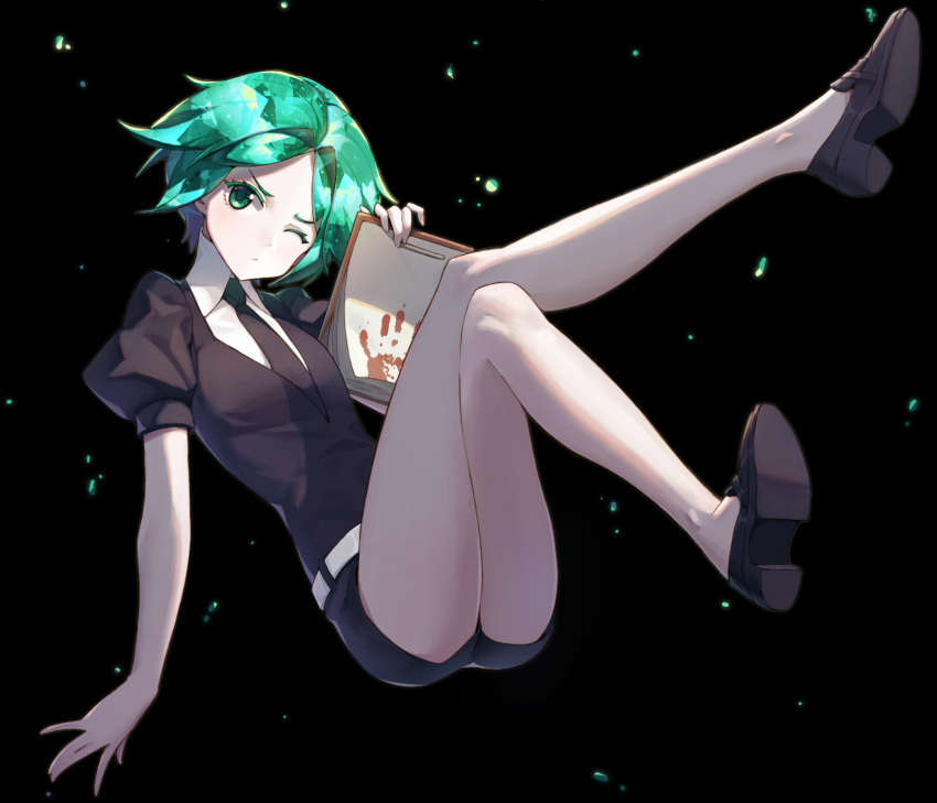 belt chunrijun_(springer) green_eyes green_hair highres houseki_no_kuni loafers necktie notepad one_eye_closed phosphophyllite shoes short_hair short_shorts shorts solo