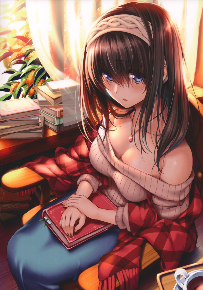 1girl absurdres black_hair blue_eyes blue_skirt book book_on_lap breasts cleavage collarbone eyebrows_visible_through_hair grey_sweater hair_between_eyes hairband highres idolmaster idolmaster_cinderella_girls indoors jewelry large_breasts long_hair long_skirt looking_at_viewer necklace off_shoulder open_mouth piromizu sagisawa_fumika shiny shiny_skin sitting skirt solo striped vertical_stripes white_hairband