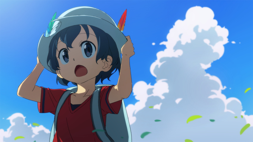 1girl :o anime_coloring backpack bag bangs black_eyes black_hair blue_sky bucket_hat clouds eyebrows_visible_through_hair grey_hat hands_on_headwear hands_up hat hat_feather kaban_(kemono_friends) kemono_friends looking_at_viewer outdoors red_shirt shirt short_hair short_sleeves sky solo tomato_(lsj44867) upper_body