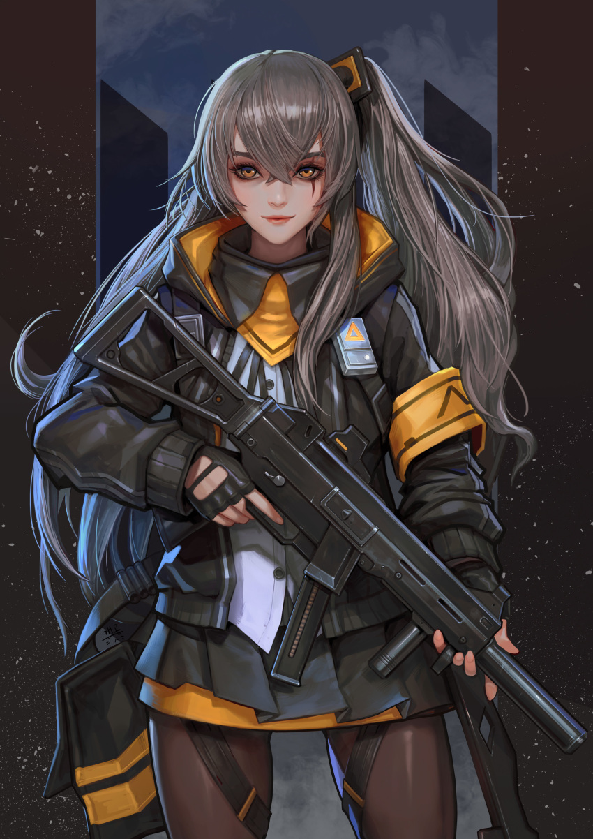 1girl absurdres armband black_legwear girls_frontline grey_hair gun highres hood hoodie long_sleeves pantyhose scar scar_across_eye side_ponytail solo submachine_gun tagme ump45_(girls_frontline) weapon