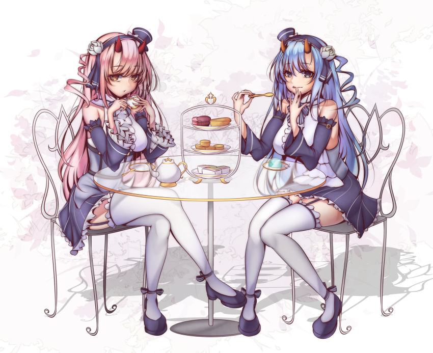 2girls :q arm_belt azur_lane bangs bare_shoulders blue_dress blue_eyes blue_footwear blue_hair chair closed_mouth cookie covering_mouth cup detached_sleeves dress flower food garter_straps hair_between_eyes hair_flower hair_ornament hairband hat highres holding holding_food horns ikazuchi_(azur_lane) inazuma_(azur_lane) legs_crossed licking_lips long_hair long_sleeves looking_at_viewer mini_hat multiple_girls oni_horns pink_hair pudding shoes short_dress sitting table teacup teapot tetsu_(excalibur920) thigh-highs tongue tongue_out tray white_legwear yellow_eyes
