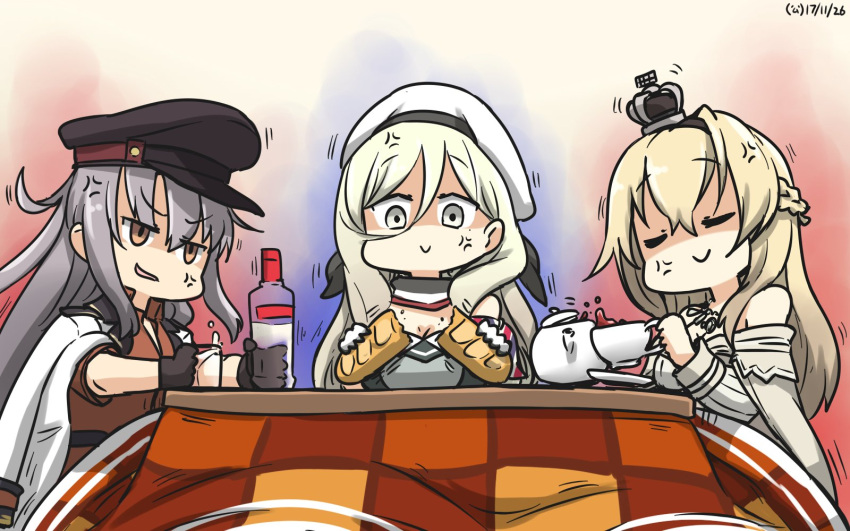 3girls alcohol anger_vein baguette beret black_gloves black_tea blonde_hair braid bread commentary_request crown cup dated dress food french_braid gangut_(kantai_collection) gloves grey_hair hair_between_eyes hamu_koutarou hat highres jacket kantai_collection kotatsu long_hair long_sleeves mini_crown multicolored multicolored_clothes multicolored_gloves multiple_girls off-shoulder_dress off_shoulder orange_eyes peaked_cap red_shirt remodel_(kantai_collection) richelieu_(kantai_collection) shaded_face shirt strapless strapless_dress table tea teacup vodka warspite_(kantai_collection) white_dress white_jacket yellow_eyes