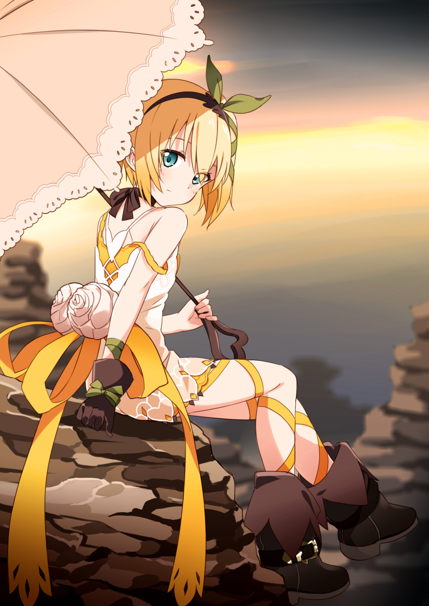 1girl absurdres bare_shoulders black_choker blonde_hair blue_eyes blush boots bow brown_footwear brown_gloves canyon choker closed_mouth dress edna_(tales) eyes_visible_through_hair gloves hair_bow hairband highres holding holding_umbrella light_smile looking_at_viewer looking_back mousou_(mousou_temporary) off_shoulder outdoors rock short_dress short_hair single_glove sitting solo sunset tales_of_(series) tales_of_zestiria umbrella white_dress