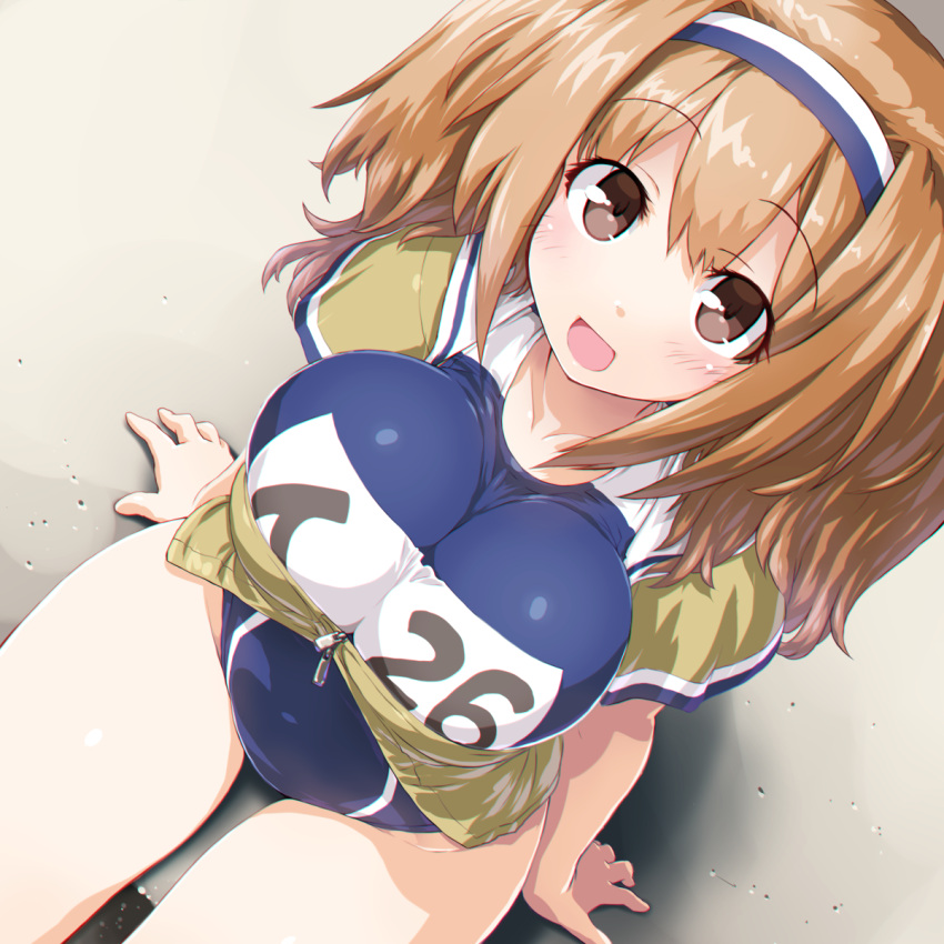 1girl blue_swimsuit blush breasts brown_eyes brown_hair brown_jacket collarbone covered_navel dd_(ijigendd) eyebrows_visible_through_hair from_above headband highres i-26_(kantai_collection) jacket kantai_collection large_breasts long_hair looking_at_viewer looking_up new_school_swimsuit one-piece_swimsuit open_mouth school_swimsuit sitting solo swimsuit twintails zipper