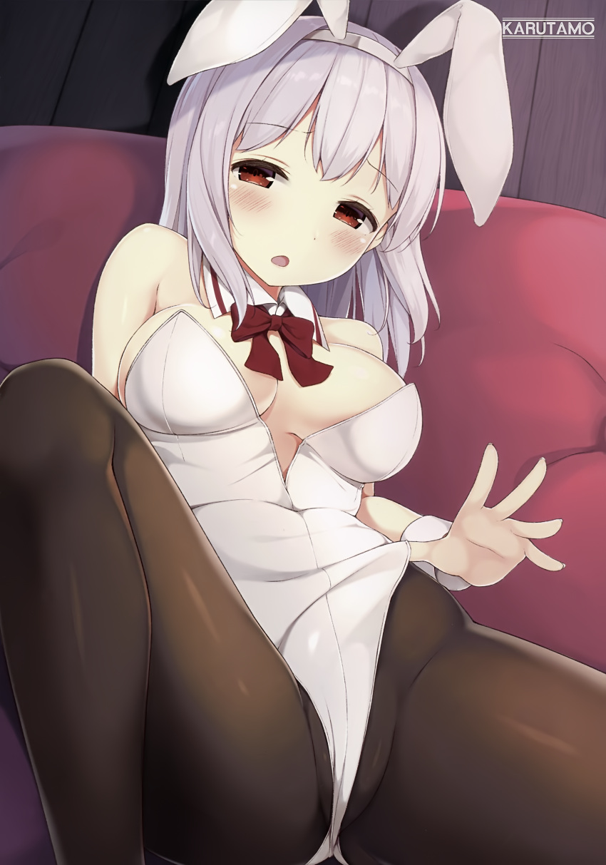 1girl absurdres animal_ears artist_name bare_shoulders blush bow bowtie breasts brown_legwear cleavage detached_collar eyebrows_visible_through_hair fake_animal_ears grey_hair hairband highres indoors karutamo large_breasts leg_up leotard medium_hair melonbooks open_mouth pantyhose rabbit_ears red_eyes scan sitting solo