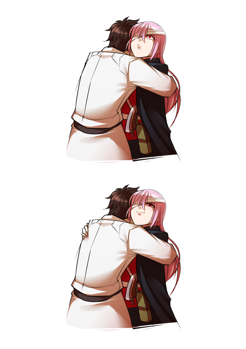 1boy 1girl absurdres bandage bandage_over_one_eye black_hair blush fate/grand_order fate_(series) florence_nightingale_(fate/grand_order) fujimaru_ritsuka_(male) highres hug jacket jacket_on_shoulders long_hair open_mouth pink_hair red_eyes ryuusei_(mark_ii) shaded_face smile solo