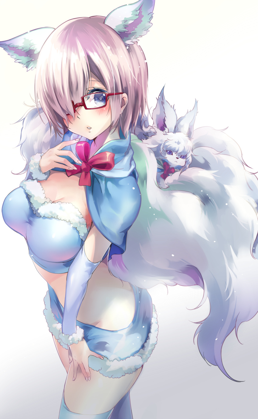 1girl absurdres animal animal_ears blue_eyes blue_legwear blush capelet cowboy_shot crop_top detached_sleeves fate/grand_order fate_(series) fou_(fate/grand_order) fur_trim glasses hair_over_one_eye highres looking_at_viewer mash_kyrielight midriff neck_ribbon parted_lips pink_hair red-framed_eyewear red_ribbon ribbon short_hair simple_background solo standing thigh-highs white_background yache
