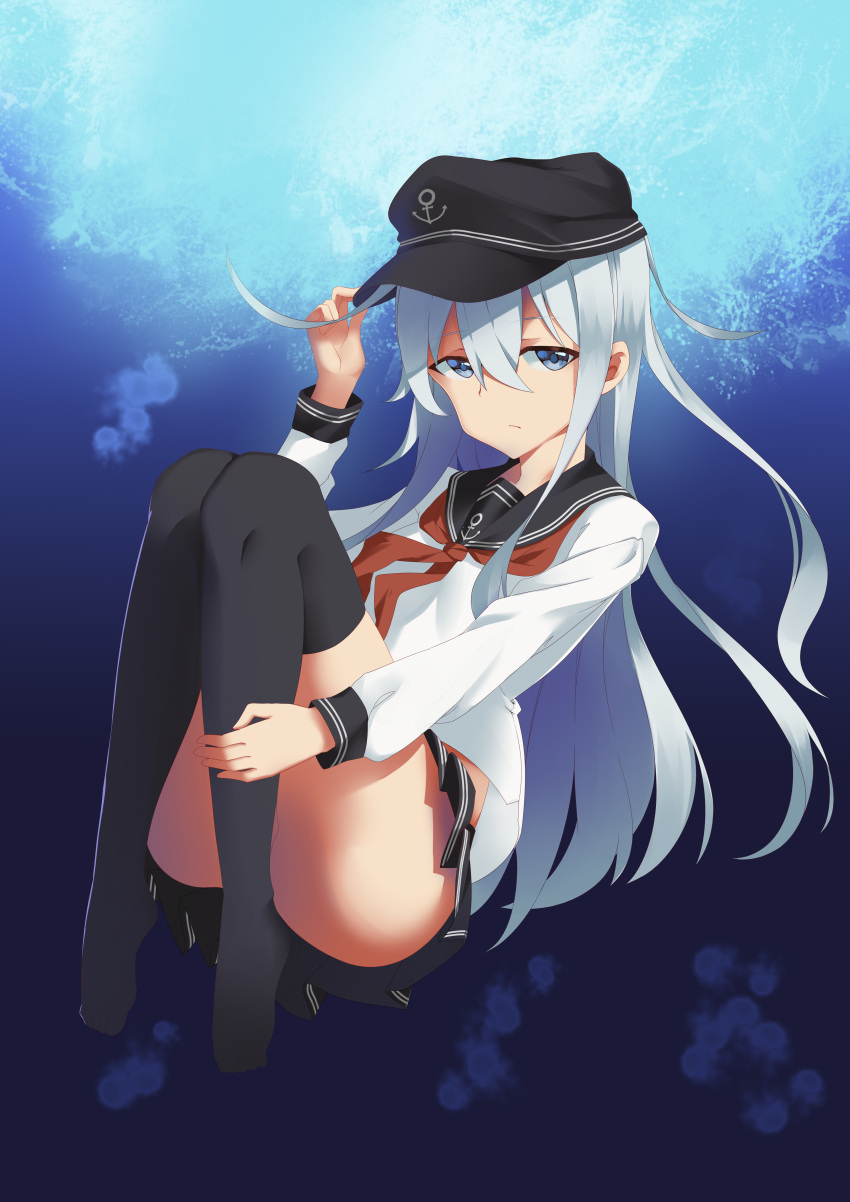 1girl absurdres anchor_symbol ass black_legwear blue_eyes flat_cap full_body hair_between_eyes hat hibiki_(kantai_collection) highres kantai_collection leg_hug light_blue_hair long_hair looking_at_viewer miniskirt neckerchief no_panties pleated_skirt sailor_collar school_uniform serafuku skirt solo thigh-highs thighs underwater very_long_hair yueye_(blbl-y)