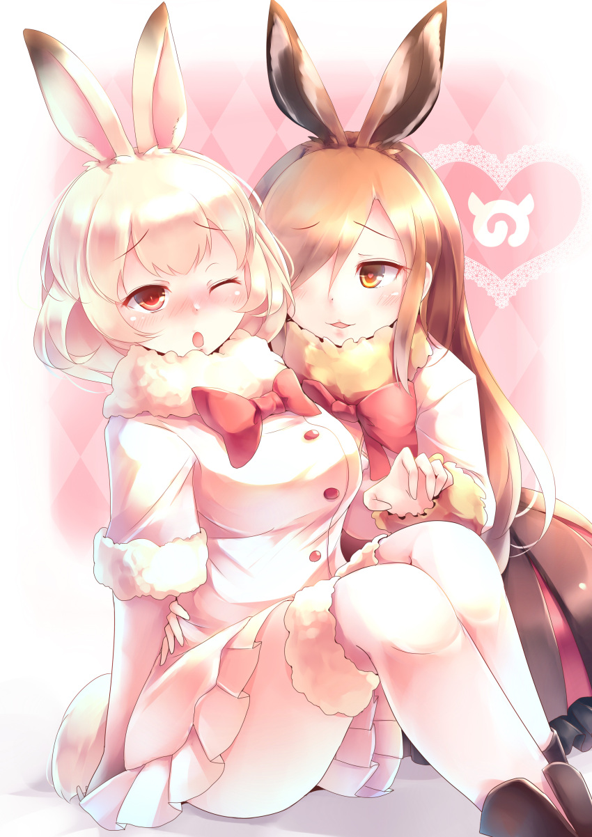 2girls :3 ;o absurdres animal_ears arctic_hare_(kemono_friends) argyle argyle_background blonde_hair blush bow bowtie brown_eyes brown_hair commentary european_hare_(kemono_friends) extra_ears eyebrows_visible_through_hair fur-trimmed_sleeves fur_collar fur_trim hair_over_one_eye heart heart-shaped_pupils highres japari_symbol kanzakietc kemono_friends long_hair looking_at_another multiple_girls nose_blush one_eye_closed orange_eyes parted_lips pink_background pleated_skirt rabbit_ears red_neckwear short_hair sitting skirt smile symbol-shaped_pupils yuri