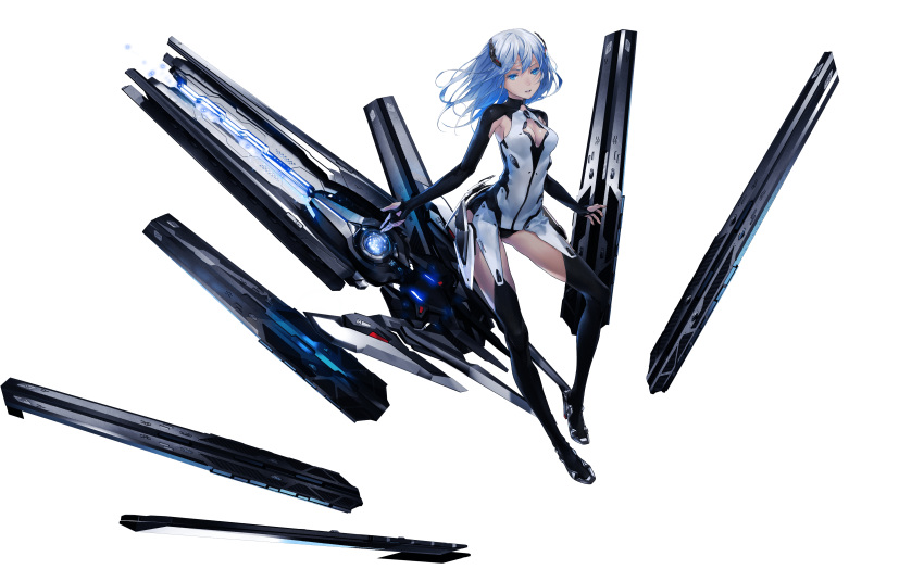 1girl absurdres beatless blue_eyes blue_hair bodysuit breasts cleavage_cutout fingerless_gloves full_body gloves highres leicia medium_breasts official_art redjuice solo