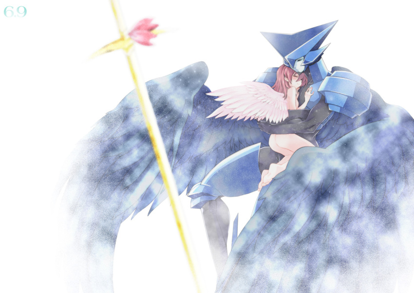 1boy 1girl armor asagi_marin blue_skin blue_wings brigadoon brown_hair closed_eyes clothed_male_nude_female cyborg feathered_wings full_armor hug long_hair melan_blue nude pauldrons shino-o simple_background size_difference smile sword weapon white_background white_wings wings