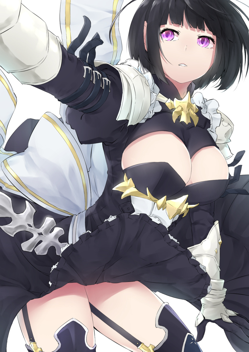 1girl arm_belt armor armored_dress bangs black_dress black_hair black_legwear breasts cleavage_cutout cotton_kanzaki dress dress_lift erika_(shadowverse) garter_straps gauntlets highres large_breasts long_sleeves outstretched_arm parted_lips puffy_long_sleeves puffy_sleeves shadowverse short_hair solo thigh-highs violet_eyes wind wind_lift