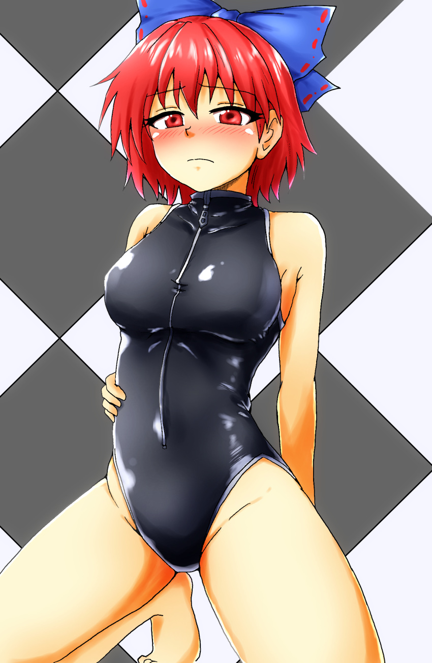 1girl black_swimsuit blue_bow blush bow breasts d-m_(dii_emu) hair_bow hand_on_hip highres kneeling looking_at_viewer medium_breasts one-piece_swimsuit open_mouth red_eyes redhead sekibanki short_hair smile solo swimsuit touhou turtleneck zipper