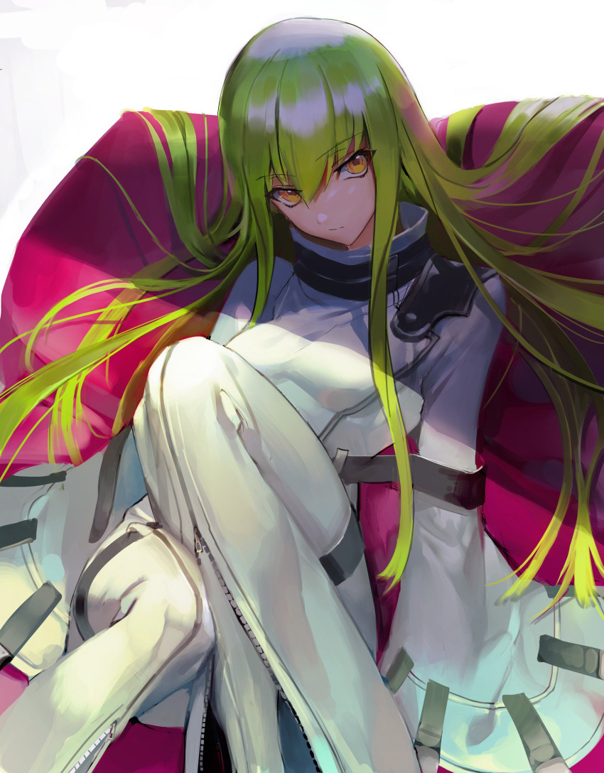 1girl bodysuit c.c. code_geass eyebrows_visible_through_hair green_hair hair_between_eyes highres long_hair looking_at_viewer partially_unzipped shycocoa simple_background sitting solo very_long_hair white_background yellow_eyes