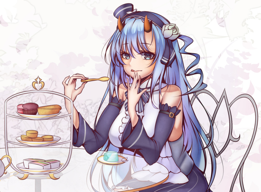 arm_belt azur_lane bangs bare_shoulders blue_dress blue_eyes blue_hair chair closed_mouth cookie detached_sleeves dress flower food hair_between_eyes hair_flower hair_ornament hairband hat holding horns ikazuchi_(azur_lane) inazuma_(azur_lane) long_hair long_sleeves looking_at_viewer mini_hat oni_horns short_dress sitting table tetsu_(excalibur920) tray