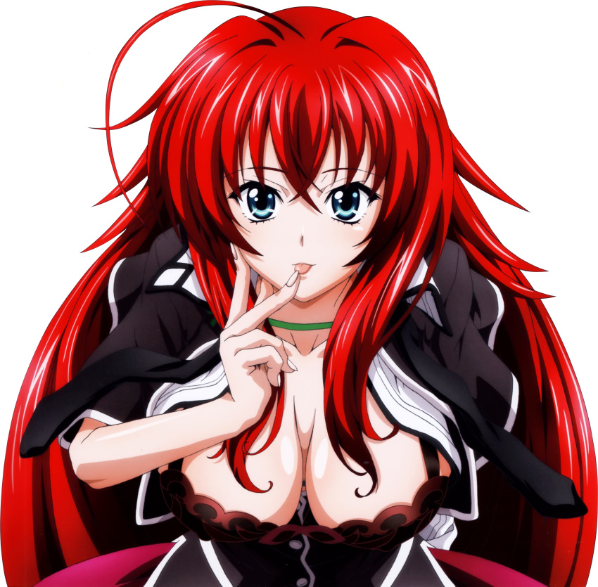 1girl absurdres ahoge aqua_eyes bent_over black_bra bra breasts cleavage finger_licking green_choker high_school_dxd highres huge_ahoge large_breasts licking long_hair official_art redhead rias_gremory school_uniform solo tongue tongue_out underwear very_long_hair