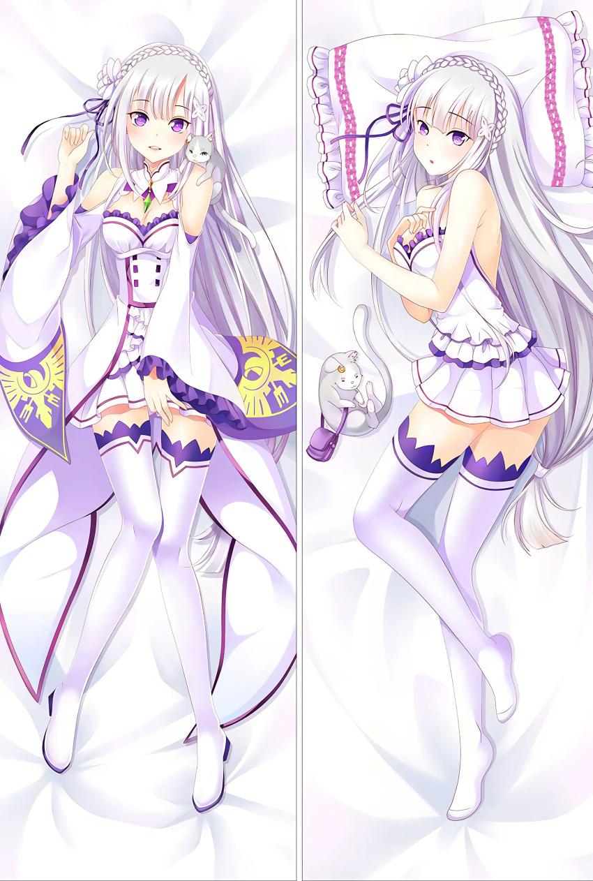 1girl absurdres animal animal_on_shoulder bed_sheet blush boots breasts cat_on_shoulder choker cleavage dakimakura emilia_(re:zero) eyebrows_visible_through_hair flower from_above gem hair_flower hair_ornament hair_ribbon highres long_hair looking_at_viewer low-tied_long_hair lying medium_breasts miniskirt multiple_views on_back on_side open_mouth pillow pleated_skirt puck_(re:zero) purple_ribbon re:zero_kara_hajimeru_isekai_seikatsu ribbon shirt silver_hair skirt sleeping sleeveless sleeveless_shirt strapless thigh-highs thigh_boots very_long_hair violet_eyes white_flower white_footwear white_legwear white_shirt white_skirt zettai_ryouiki