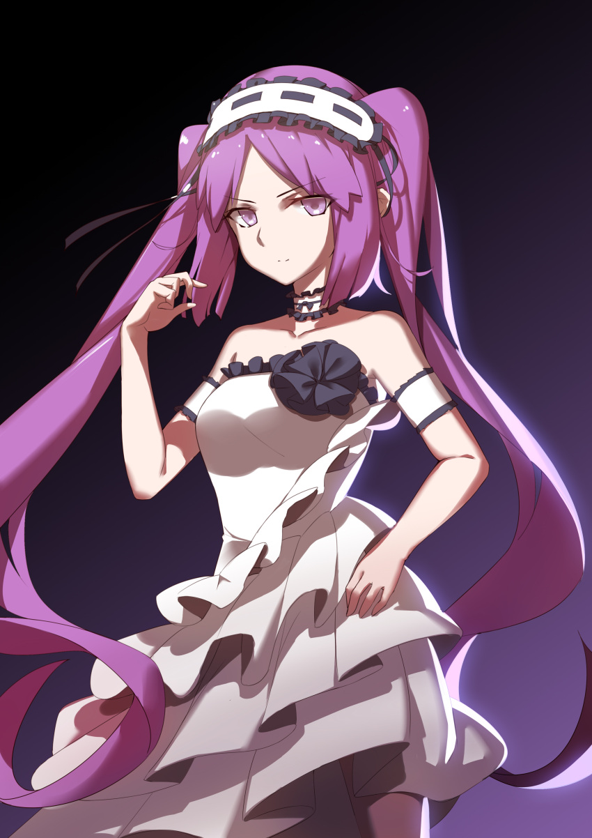 1girl absurdres choker dress fate/grand_order fate_(series) frilled_choker frilled_dress frills hairband highres lolita_hairband long_hair looking_at_viewer purple_hair solo stheno strapless strapless_dress twintails very_long_hair violet_eyes white_dress yueye_(blbl-y)