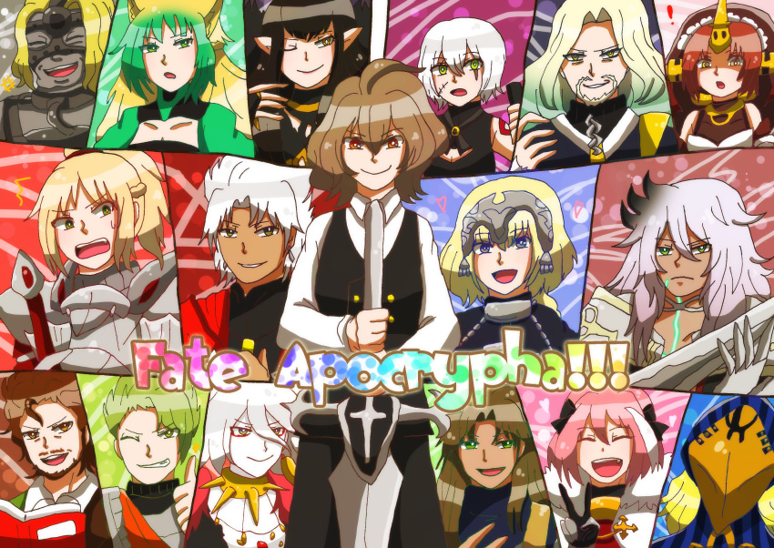 6+boys 6+girls absurdres ahoge animal_ears archer_of_black archer_of_red armor armored_dress assassin_of_black assassin_of_red balmung_(fate/apocrypha) bangs berserker_of_black berserker_of_red black_hair black_pants blonde_hair book bridal_veil brown_hair cape capelet caster_of_black caster_of_red cat_ears chains cloak closed_eyes commentary dark_skin eyebrows_visible_through_hair facial_hair fang fate/apocrypha fate_(series) fur_trim gauntlets green_eyes green_hair headpiece highres holding holding_book holding_sword holding_weapon horn jeanne_d'arc_(fate) jeanne_d'arc_(fate)_(all) karna_(fate) kotomine_shirou lancer_of_black long_hair long_sleeves looking_at_viewer mask multicolored_hair multiple_boys multiple_girls mustache one_eye_closed open_clothes pale_skin pants pink_hair priest purple_hair red_eyes rider_of_black rider_of_red saber_of_black saber_of_red sakuragi_anju scar scar_across_eye shirt short_hair sieg_(fate/apocrypha) silver_hair sweatdrop sword tattoo thumbs_up trap turtleneck two-tone_hair v veil very_long_hair violet_eyes waistcoat weapon white_shirt yellow_eyes
