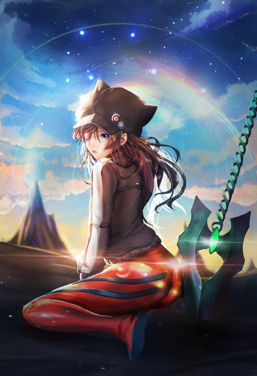 1girl absurdres blue_eyes blue_sky clouds eyepatch hat highres jacket lance lens_flare moonbo neon_genesis_evangelion plugsuit polearm rebuild_of_evangelion redhead shiny shiny_clothes sitting sky solo souryuu_asuka_langley weapon yokozuwari