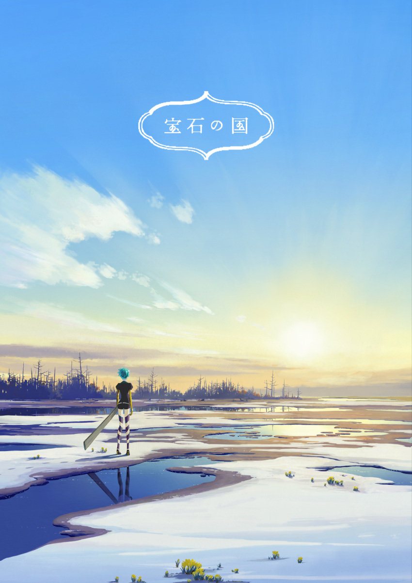 androgynous belt black_shorts from_behind green_hair highres houseki_no_kuni nature phosphophyllite puffy_sleeves scenery short_hair shorts solo spoilers white_belt