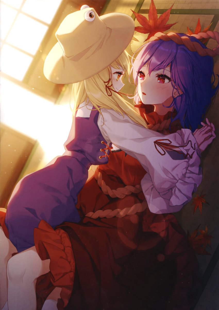 2girls absurdres blonde_hair blush brown_eyes day dress dutch_angle eye_contact from_side hair_ribbon hajin hat highres indoors leaf long_hair looking_at_another lying moriya_suwako multiple_girls on_back open_mouth pinafore_dress purple_dress purple_hair red_dress red_eyes red_ribbon ribbon sleeveless sleeveless_dress smile sun_hat touhou white_dress yasaka_kanako yellow_hat yuri