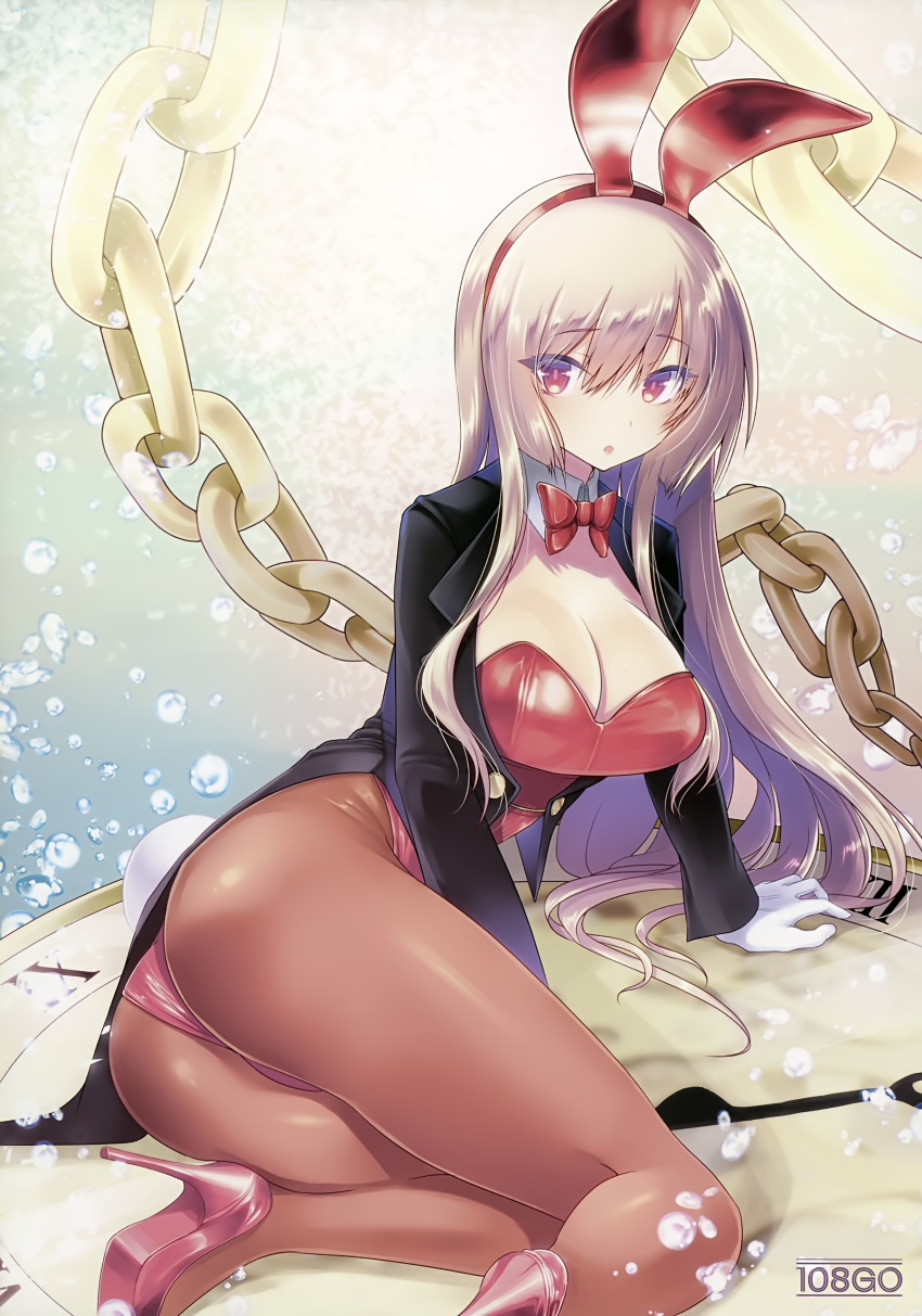 108_gou 1girl absurdres animal_ears arm_support artist_name ass black_jacket breasts bunny_tail bunnysuit chains cleavage detached_collar gloves high_heels highres jacket large_breasts leotard long_hair long_sleeves open_clothes open_jacket pantyhose parted_lips pocket_watch rabbit_ears red_eyes red_leotard scan silver_hair simple_background sitting solo strapless strapless_leotard tail watch white_gloves