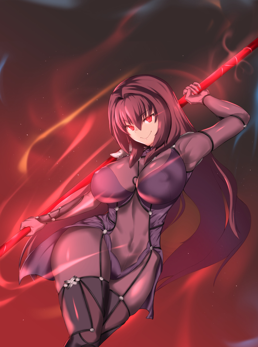 1girl absurdres aster_crowley bodysuit breasts covered_navel erect_nipples fate/grand_order fate_(series) gae_bolg highres holding holding_weapon long_hair looking_at_viewer polearm purple_hair red_eyes scathach_(fate/grand_order) smile solo spear weapon