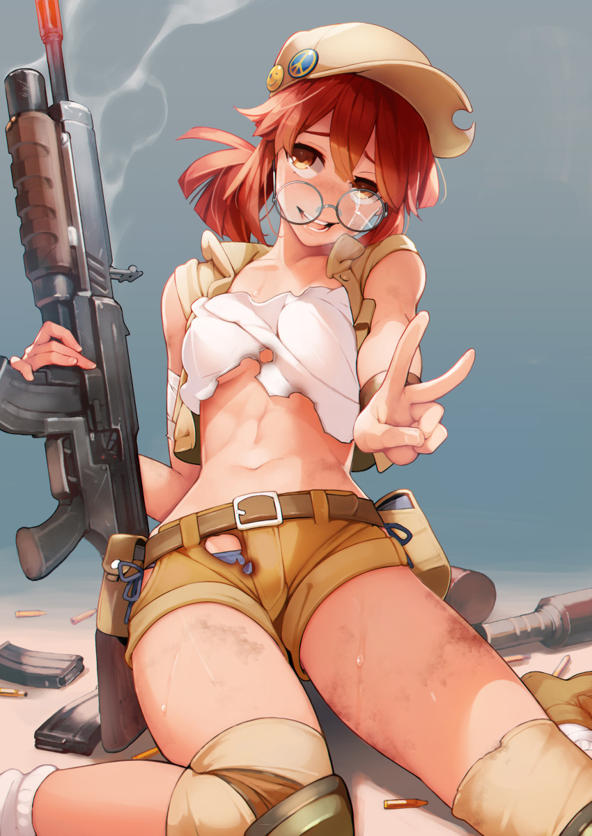 1girl absurdres ataruman badge baseball_cap belt boots breasts brown_eyes brown_hair bullet commentary fio_germi glasses gun hat highres knee_pads metal_slug midriff military navel ponytail shorts sleeveless solo torn_clothes vest weapon