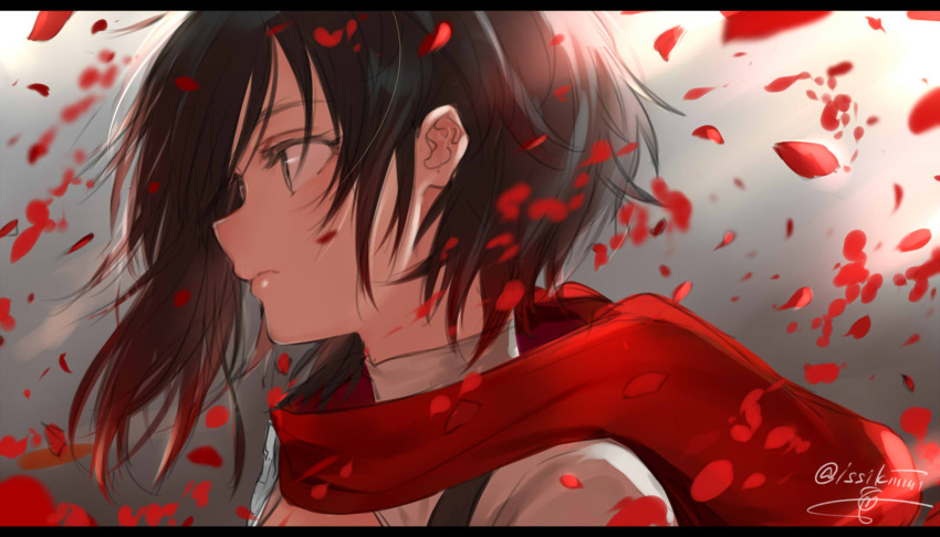 1girl artist_name black_hair closed_mouth from_side grey_eyes highres isshiki_(ffmania7) letterboxed lips petals red_scarf ruby_rose rwby scarf signature solo twitter_username upper_body wind