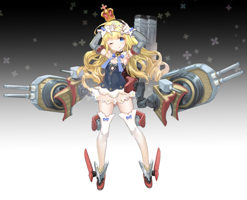 1girl ;p ahoge ankle_boots armpits arms_up azur_lane bangs bare_shoulders black_dress black_hairband blonde_hair blue_bow blue_eyes blunt_bangs boots bow breasts cleavage closed_mouth covered_navel crown detached_collar detached_sleeves dress eyebrows_visible_through_hair full_body gloves gradient gradient_background grey_background grey_footwear hairband highres legs_apart long_hair long_sleeves looking_at_viewer machinery neck_ribbon one_eye_closed queen_elizabeth_(azur_lane) ribbon see-through shiosoda small_breasts smile solo standing strapless strapless_dress tareme thigh-highs tongue tongue_out turret very_long_hair wavy_hair white_gloves white_legwear zettai_ryouiki