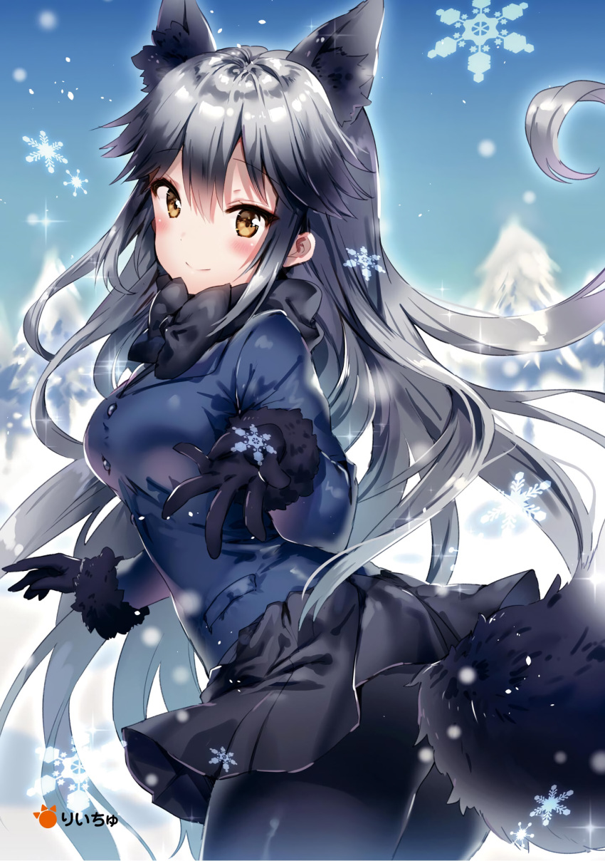 1girl animal_ears artist_name black_gloves black_hair black_legwear blazer blue_sky blush bow bowtie brown_eyes closed_mouth day eyebrows_visible_through_hair fox_ears fox_tail from_side fur_trim gloves grey_hair highres jacket kemono_friends long_hair looking_at_viewer multicolored_hair outdoors outstretched_hand pantyhose pleated_skirt riichu silver_fox_(kemono_friends) skirt sky smile snowflakes snowing solo sparkle tail two-tone_hair