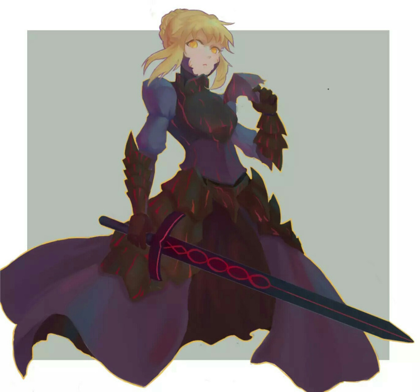 1girl armor artoria_pendragon_(all) blonde_hair braid cropped_legs dark_excalibur fate/stay_night fate_(series) french_braid grey_background highres looking_at_viewer outside_border saber_alter solo white_border yellow_eyes zwc1271750321