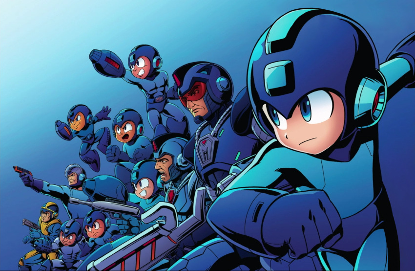 6+boys abs aiming android arm_cannon armor belt belt_buckle blue_background blue_bodysuit blue_eyes bodysuit buckle capcom clenched_hand clenched_hands clenched_teeth closed_mouth energy_gun fighting_stance from_side gradient gradient_background gun handgun helmet highres holding holding_gun holding_weapon jumping legs_apart looking_away male_focus multiple_boys multiple_persona official_art open_mouth outstretched_arm ray_gun rockman rockman_(character) rockman_(classic) rockman_10 rockman_11 rockman_2 rockman_3 rockman_4 rockman_5 rockman_6 rockman_7 rockman_8 rockman_9 serious smile smirk squatting standing teeth thick_eyebrows v-shaped_eyebrows visor weapon