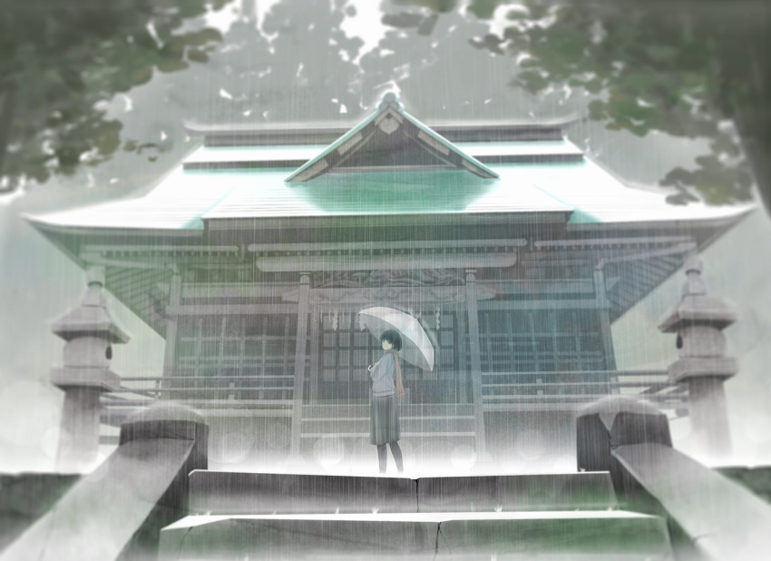 1girl architecture black_legwear blurry bokeh depth_of_field east_asian_architecture gensuke_(ryun) looking_at_viewer looking_back muted_color original outdoors pantyhose rain scarf scenery shide shrine skirt solo stairs stone_lantern transparent_umbrella tree umbrella