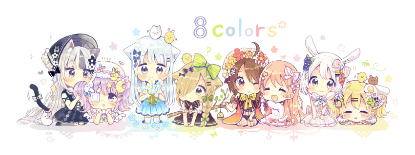 6+girls :d :t ? absurdres ahoge animal animal_ears animal_on_head arm_support bangs bare_arms bell bird black_bow black_dress black_footwear black_hat black_skirt blonde_hair blue_dress blue_flower blush bonnet bouquet bow bowtie braid branch brown_hair carrot_hair_ornament cat cat_ears cat_girl cat_tail chibi chick closed_eyes closed_mouth coat commentary_request crescent crescent_hair_ornament cross detached_wings dress egg_hair_ornament eyebrows_visible_through_hair eyepatch flower food_themed_hair_ornament grape_hair_ornament green_bow green_eyes grey_bow hair_between_eyes hair_bow hair_flower hair_ornament hair_over_one_eye hair_ribbon hairclip hat head_rest highres holding holding_bouquet holding_branch kneeling leaning_to_the_side light_brown_hair long_hair long_sleeves looking_at_another looking_at_viewer looking_to_the_side lying maid_headdress medical_eyepatch mob_cap multiple_girls on_head on_stomach open_mouth orange_coat original outstretched_arms overcoat parted_lips pink_eyes puffy_short_sleeves puffy_sleeves purple_hair rabbit_ears ribbon sakura_oriko shirt short_sleeves side_braid sidelocks silver_hair sitting skirt sleeping sleeveless sleeveless_dress smelling_hair smile star star_hair_ornament strawberry_hair_ornament striped striped_legwear tail tail_bow twintails vertical-striped_legwear vertical_stripes very_long_hair violet_eyes wariza white_background white_bow white_dress white_flower white_hair white_hat white_legwear white_ribbon white_shirt white_wings wings yellow_neckwear