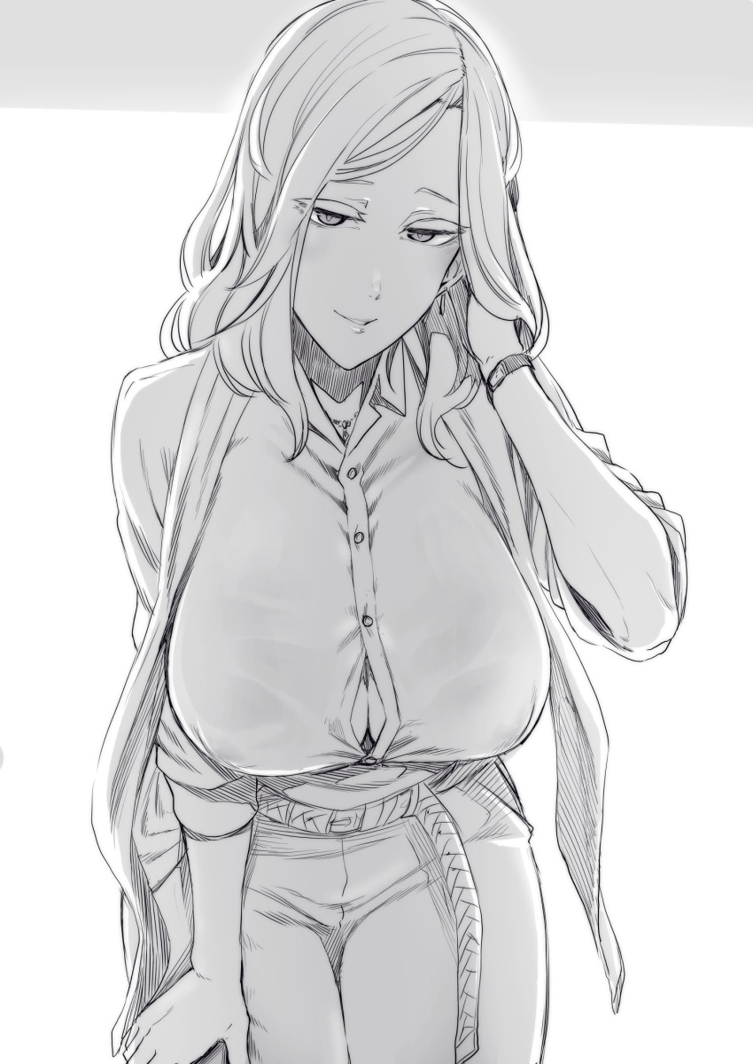 1girl belt blush breasts buttons cowboy_shot earrings erect_nipples eyes_visible_through_hair greyscale hand_in_hair highres huge_breasts jewelry large_breasts leaning_forward looking_at_viewer monochrome nakamura_regura necklace original pants parted_lips shirt short_hair sleeves_rolled_up smile solo watch watch
