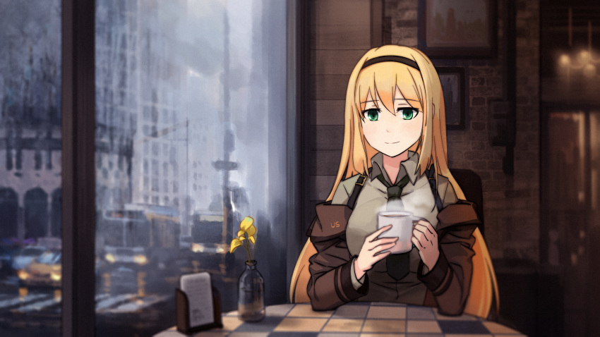 1girl absurdres blonde_hair bus commentary_request cup eyebrows_visible_through_hair girls_frontline green_eyes ground_vehicle hairband highres jacket long_hair m1_garand_(girls_frontline) motor_vehicle mug mush necktie off_shoulder photo_(object) road smile solo steam street suspenders table tablecloth wall window