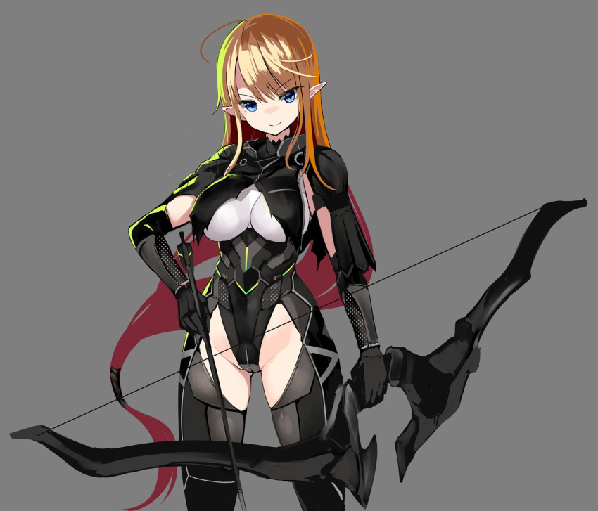 &gt;:) 1girl ahoge arrow black_gloves blonde_hair blue_eyes bodysuit bow_(weapon) breasts closed_mouth elbow_gloves elf gloves grey_background hand_on_hip highres iinuma_toshinori impossible_bodysuit impossible_clothes large_breasts long_hair original pointy_ears sidelocks simple_background solo thigh_cutout weapon