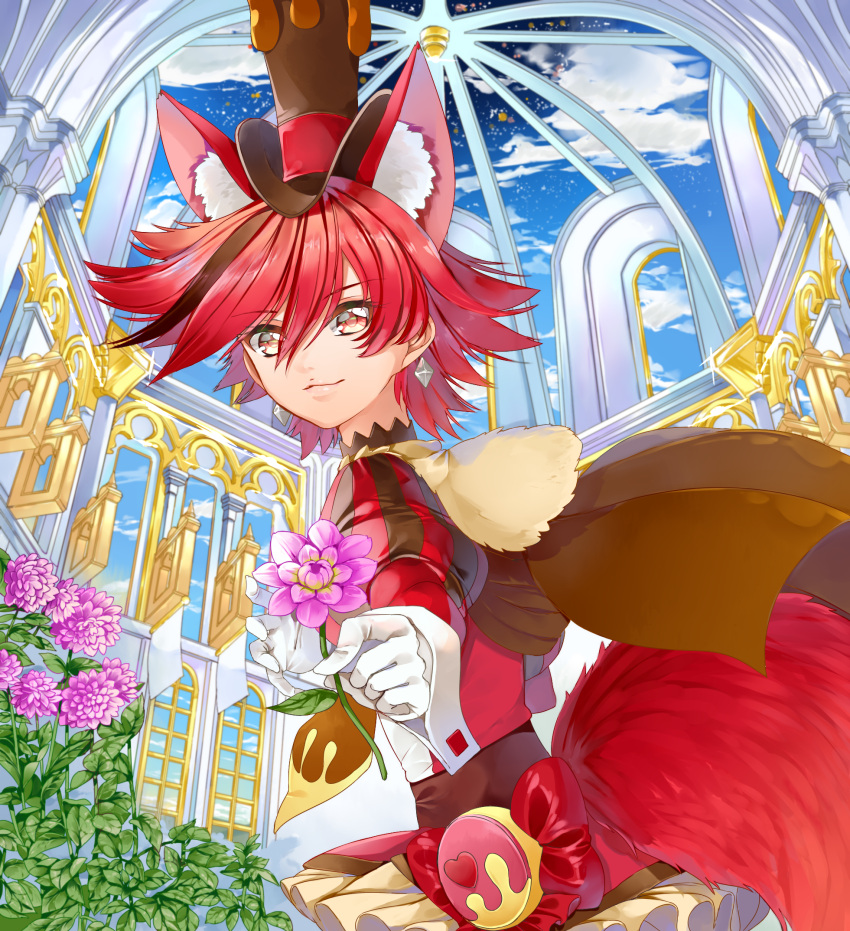 1girl animal_ears bow brown_cape brown_hair brown_hat cape clouds cure_chocolat dog_ears dog_tail earrings extra_ears flower gloves hat highres holding holding_flower jewelry juliet_sleeves kenjou_akira kirakira_precure_a_la_mode long_sleeves looking_at_viewer magical_girl multicolored_hair necktie precure puffy_sleeves red_bow red_eyes redhead short_hair skirt sky smile solo streaked_hair tail top_hat two-tone_hair white_gloves window yellow_skirt yuutarou_(fukiiincho)