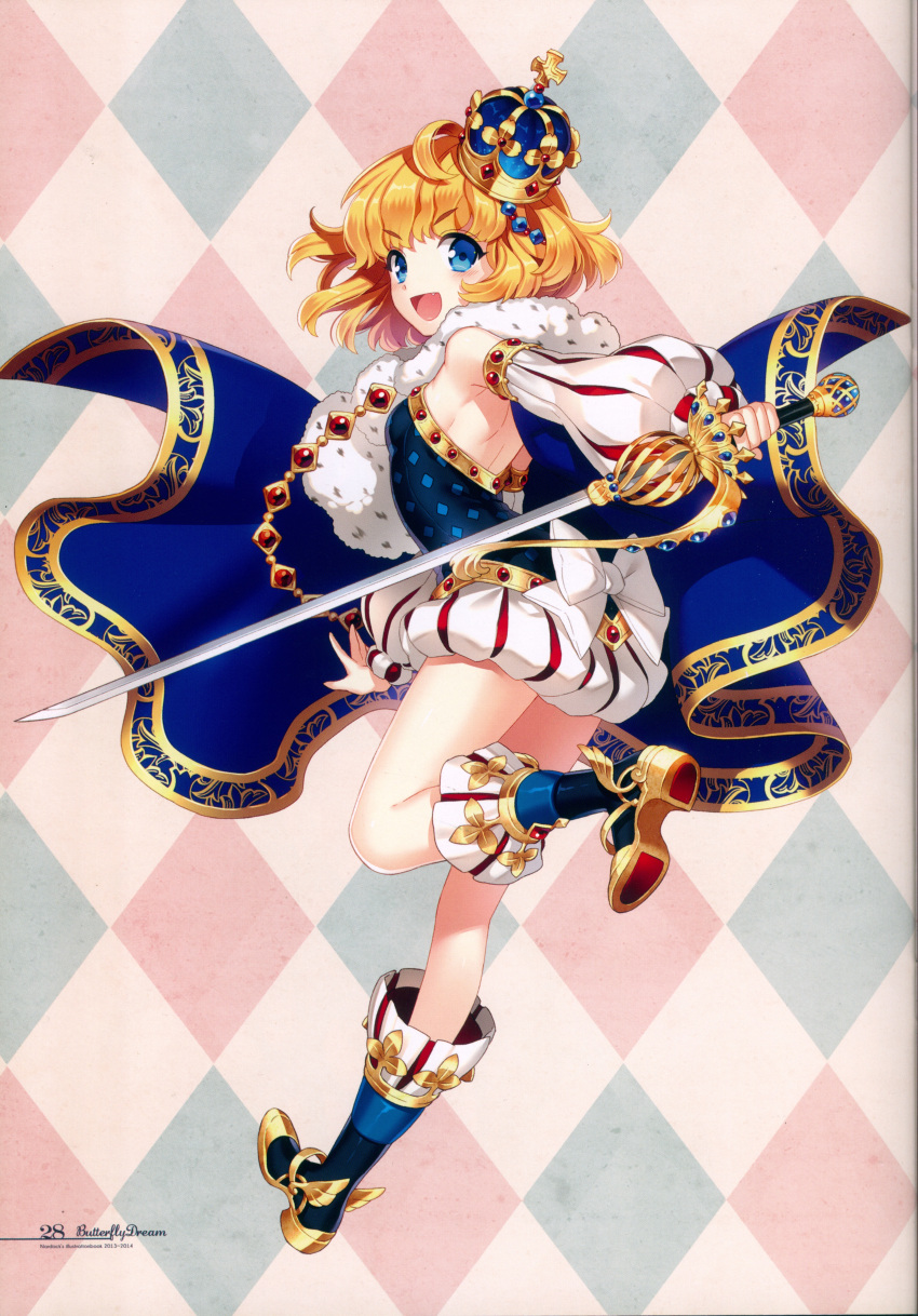 1girl absurdres argyle argyle_background bangs blonde_hair blue_eyes boots cape crown eyebrows_visible_through_hair full_body fur_trim highres holding holding_sword holding_weapon huge_filesize knee_boots looking_at_viewer looking_back nardack one_leg_raised original puffy_shorts shorts solo striped sword weapon