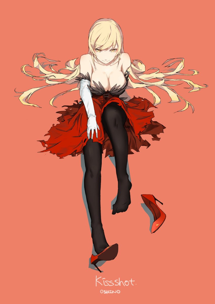 1girl bare_shoulders black_legwear blonde_hair breasts cleavage dress full_body high_heels highres kiss-shot_acerola-orion_heart-under-blade kizumonogatari large_breasts long_hair monogatari_(series) pointy_ears shoe_dangle shoes single_shoe sitting sleeveless sleeveless_dress solo thigh-highs yellow_eyes zhengda200808