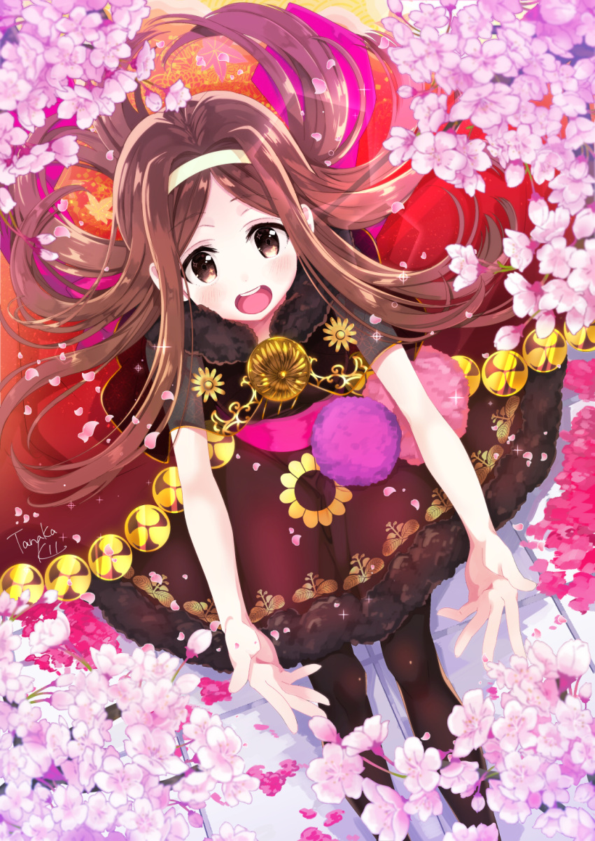 1girl :d artist_name blush branch brown_eyes brown_hair chacha_(fate/grand_order) cherry_blossoms dress fate/grand_order fate_(series) flower fur-trimmed_dress fur_trim hairband highres long_hair open_mouth outstretched_arms outstretched_hand pantyhose petals signature sitting smile solo tanaka_kii tile_floor tiles very_long_hair