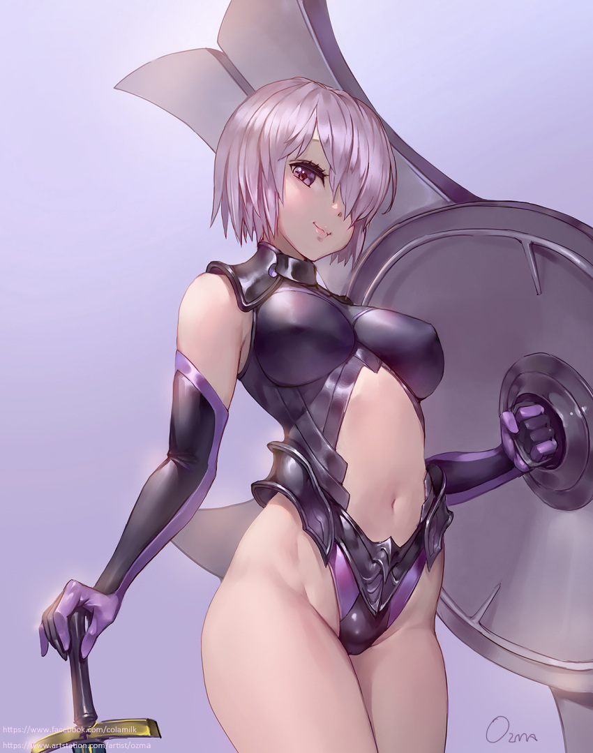 1girl armor artist_name bare_shoulders blush breasts center_opening closed_mouth elbow_gloves erect_nipples fate/grand_order fate_(series) gloves groin hair_over_one_eye highleg highleg_leotard highres holding_shield large_breasts leotard looking_at_viewer mash_kyrielight navel ozma pink_hair purple_background purple_gloves purple_leotard shield short_hair simple_background smile solo standing stomach sword thighs violet_eyes watermark weapon web_address