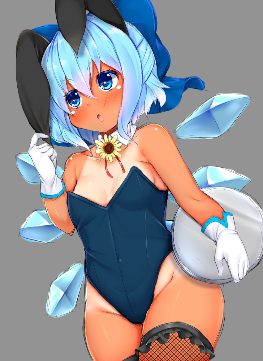 1girl :o alternate_costume animal_ears bare_arms bare_shoulders blue_bow blue_eyes blue_hair blush bow breasts cirno detached_collar fake_animal_ears fishnet_legwear fishnets flower gloves hair_between_eyes hair_bow hand_up highleg highleg_leotard highres ice ice_wings leotard rabbit_ears small_breasts solo sunflower tan tanline tanned_cirno thigh-highs tokoya_(ex-hetare) touhou tray white_gloves wings