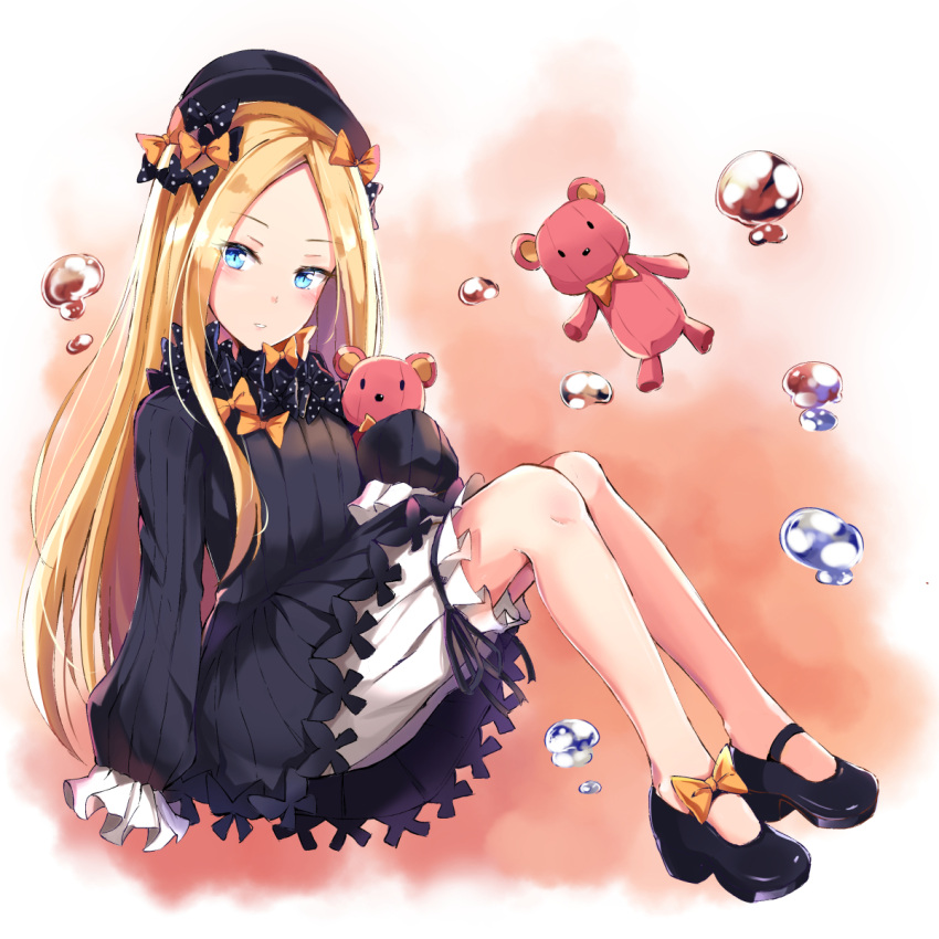 1girl abigail_williams_(fate/grand_order) bangs black_bow black_dress black_footwear black_hat blonde_hair bloomers blue_eyes blush bow butterfly commentary_request dress fate/grand_order fate_(series) full_body hands_in_sleeves hat highres holding holding_stuffed_animal konka long_sleeves looking_at_viewer orange_bow parted_bangs parted_lips polka_dot polka_dot_bow revision shoes sitting solo stuffed_animal stuffed_toy teddy_bear underwear water_drop white_bloomers