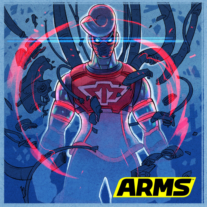 1boy android arms_(game) blue_border commentary_request cowboy_shot debris glowing glowing_eyes highres ishikawa_masaaki logo male_focus no_humans official_art springtron