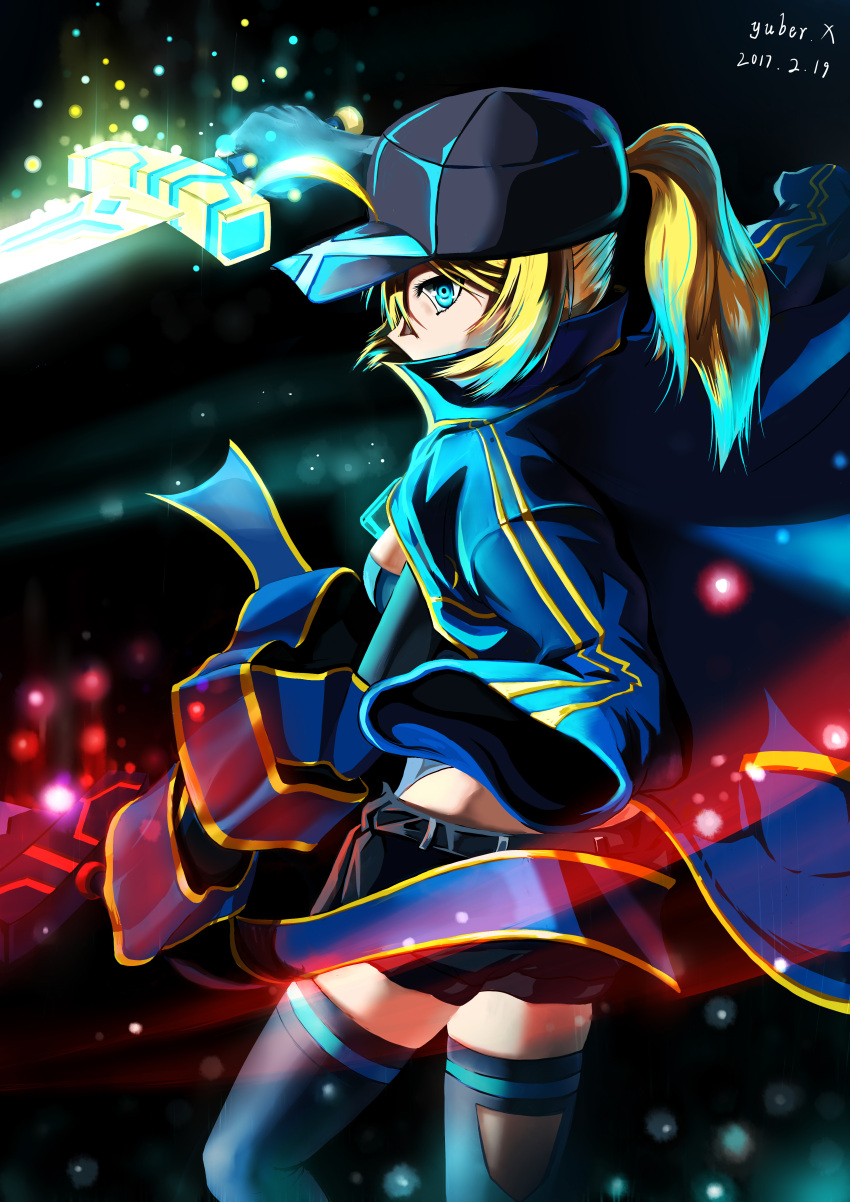 1girl absurdres artist_name artoria_pendragon_(all) baseball_cap blue_eyes breasts dated dual_wielding excalibur fate/grand_order fate_(series) gloves hat highres jacket long_hair medium_breasts mysterious_heroine_x ponytail shorts solo sword thigh-highs weapon yuber.x