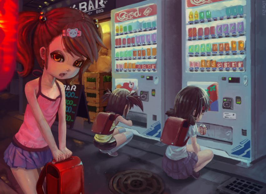 3girls alley backpack bar bikeshorts city fiz-rot japan kneeling miniskirt night tanktop twintails vending_machine