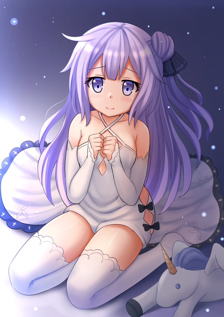 1girl azur_lane bangs bare_shoulders black_ribbon blush closed_mouth commentary criss-cross_halter detached_sleeves dress eyebrows_visible_through_hair hair_bun hair_ribbon halterneck highres kazenokaze long_hair long_sleeves looking_at_viewer no_shoes one_side_up own_hands_together purple_hair ribbon seiza side_bun sitting sleeves_past_wrists smile solo stuffed_animal stuffed_pegasus stuffed_toy stuffed_unicorn thigh-highs unicorn_(azur_lane) very_long_hair violet_eyes white_dress white_legwear